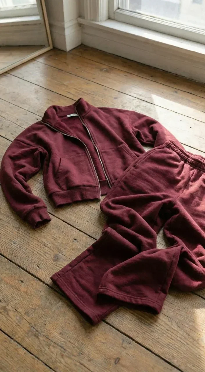 Ensemble de survêtement bordeaux élégant avec veste zippée et pantalon à jambe droite